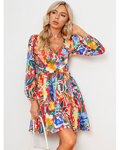Boho Dress V-Neck Long Sleeves Floral Print Dress Bohemian Beach Resort Wear
