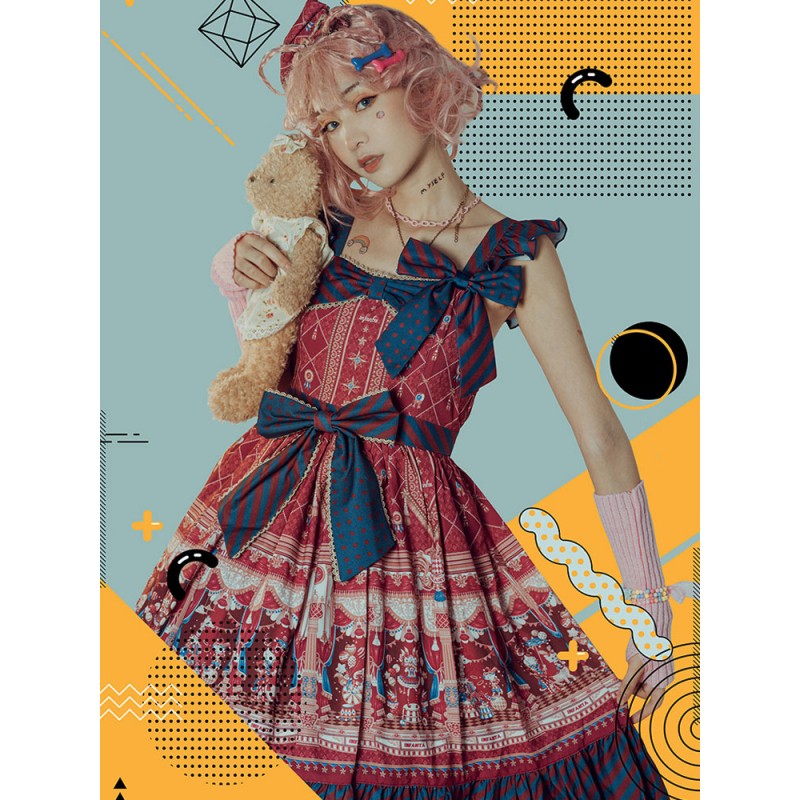 Classic Lolita JSK Dress Infanta Fairytale Burgundy Sleeveless Bows Lolita Jumper Skirts