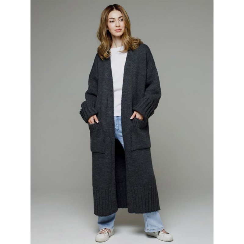 Sweaters Cardigans Deep Gray Acrylic Pockets Long Sleeves Casual