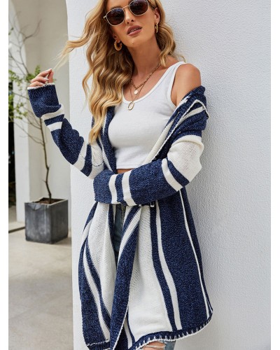 Women Knit Cardigan Dark Navy Hooded Long Sleeves Stripe Pattern Open Front Relaxed Fit Spring Fall Outerwear Casual Street Wear Field