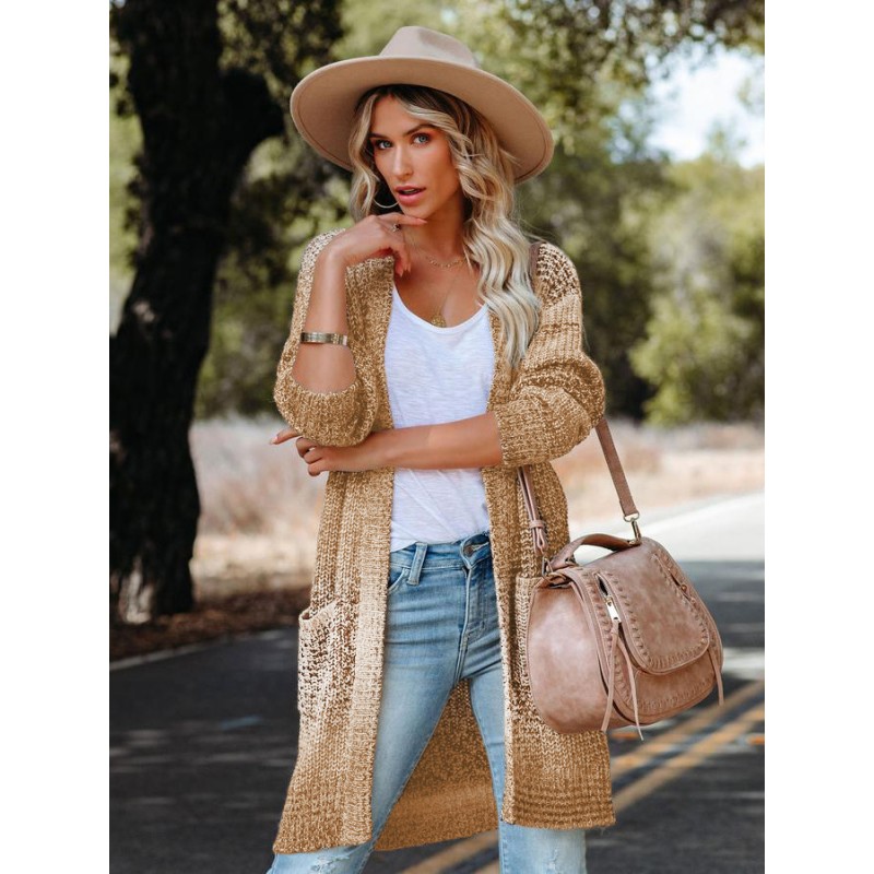 Knitted Cardigan Khaki Ombre Long Sleeves Open Front Relaxed Fit Spring Fall Midi Outerwear For Women Casual
