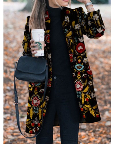 Women Coats Black Turndown Collar Long Sleeve Flowers Embroidered Coat Casual Fall Winter
