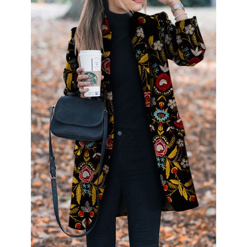 Women Coats Black Turndown Collar Long Sleeve Flowers Embroidered Coat Casual Fall Winter