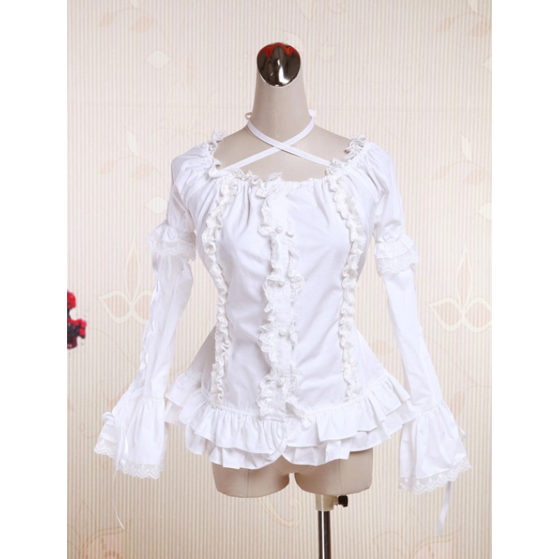 White Cotton Lolita Blouse Long Hime Sleeves Neck Straps Lace Trim Ruffles Sweet