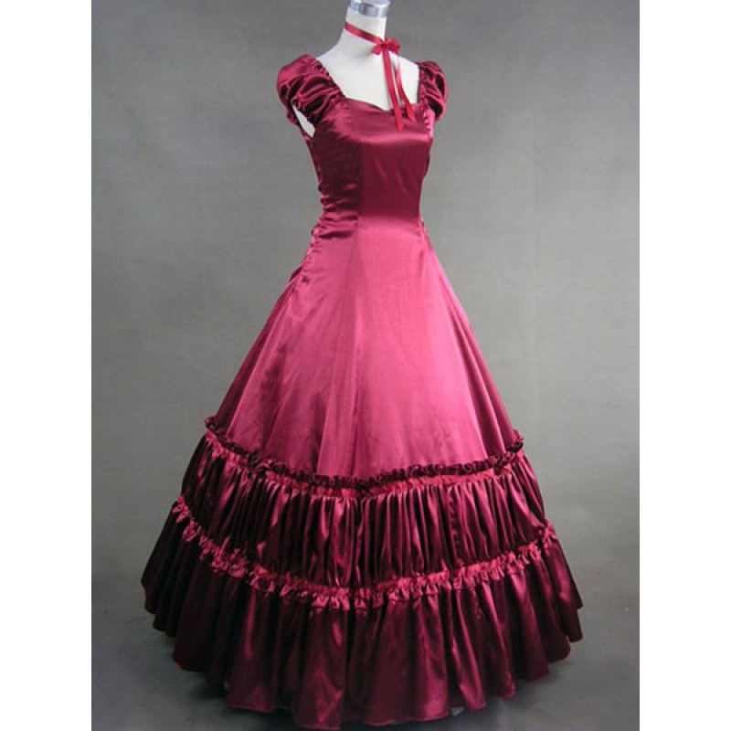 Victorian Dress Costume Women's Red Satin Ruffle Short Sleeves Victorian Era Outfits Retro Costumes Halloween ROCOCO Holiday