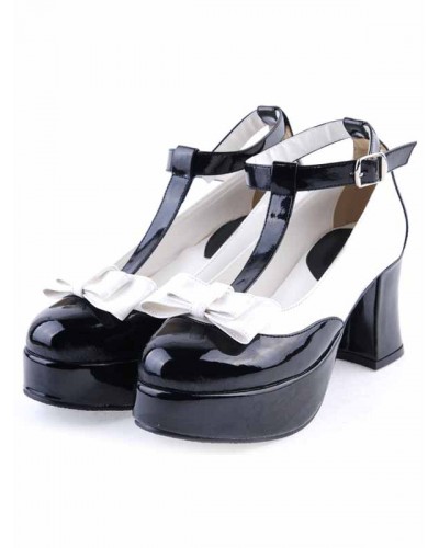 Black Leather T-strap Bow Lolita Shoes