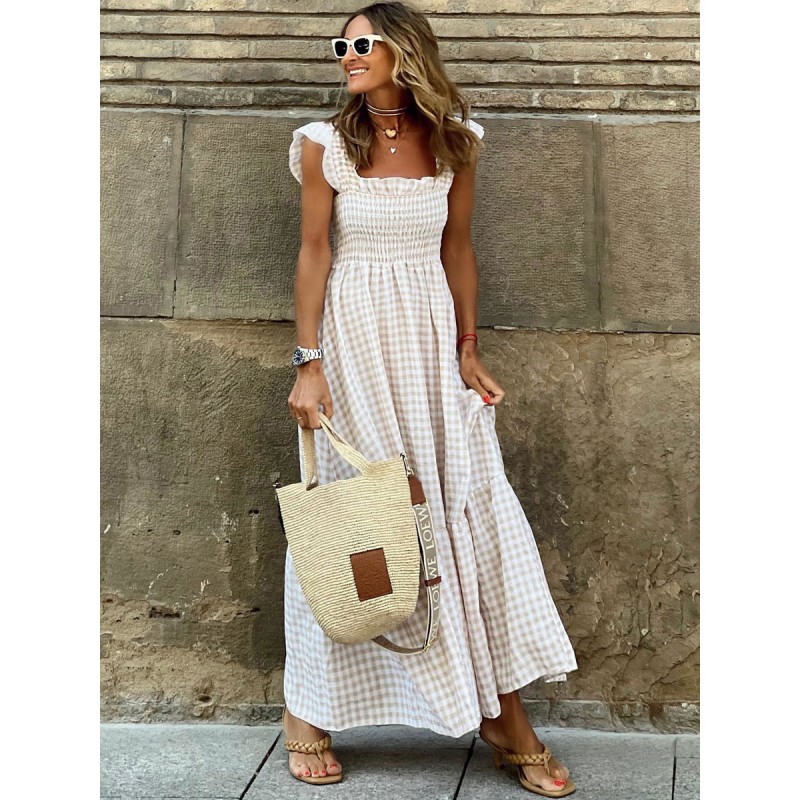 Women Sleeveless Dress Casual Plaid Long Dress Maxi Bohemian Spring