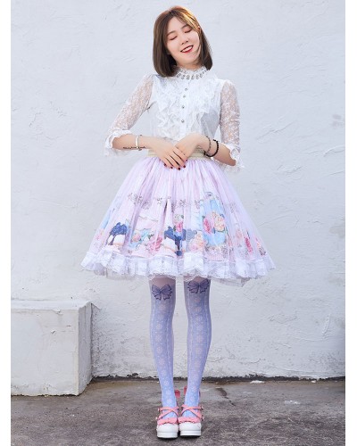 Lace Sweet Lolita SK Pink Floral Print Lolita Skirts Daily Casual Tea Party