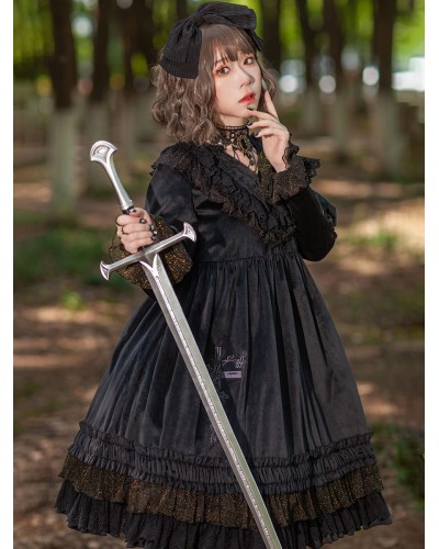 Classical Lolita Dress Velour Long Sleeves Black Lolita Dresses
