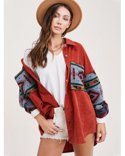 Women's Jackets Turndown Collar Printed Oversized Front Button Buttons Daily Burgundy Jacket For Women Retro Casual