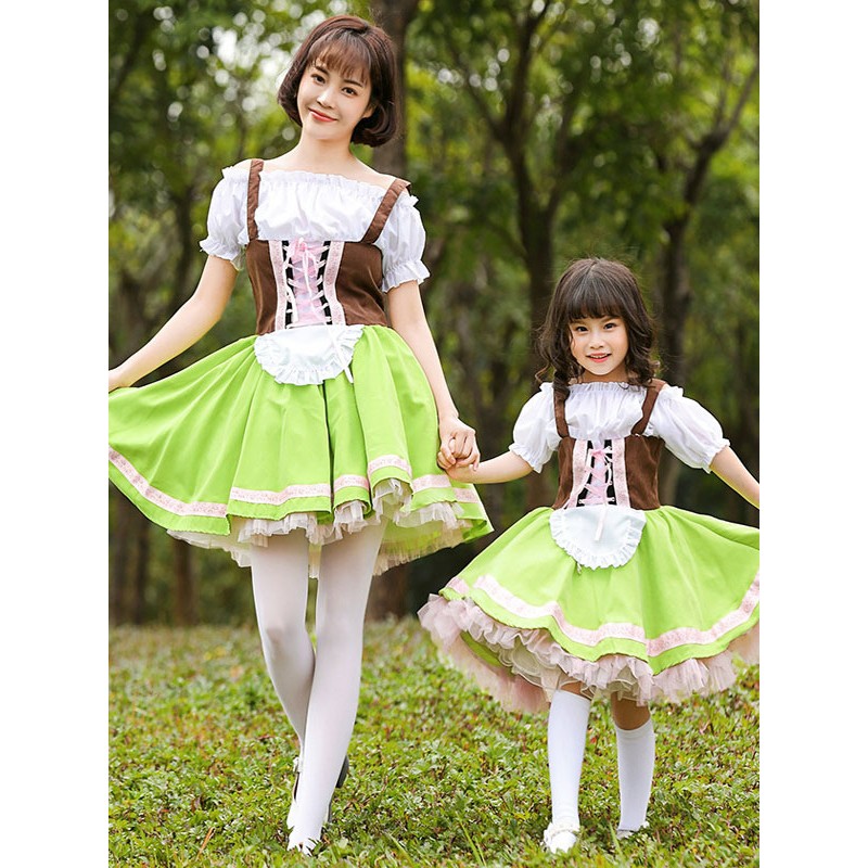 Parent-child Green Lolita OP Dress Lace Up Ruffles Lolita One Piece Dresses Spring Summer Fall Daily Casual