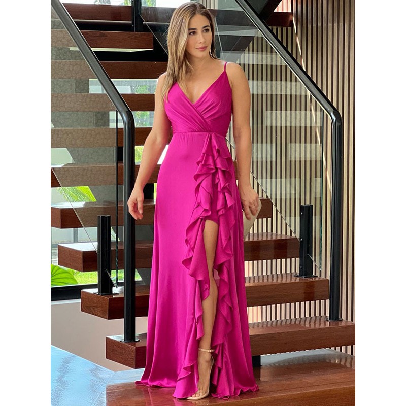 Slip Dresses V-neck High-slit Birthday Semi Formal Maxi Party Dress Sexy Night Out Dating