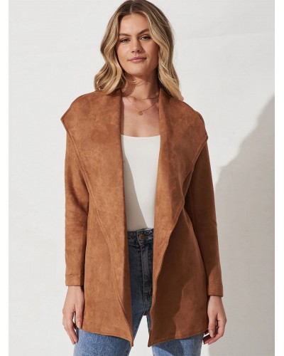 Long Blazer Jacket For Women Coffee Brown Suede Solid Color Large Lapel Spring Fall Relaxed Outerwear With Belt Casual