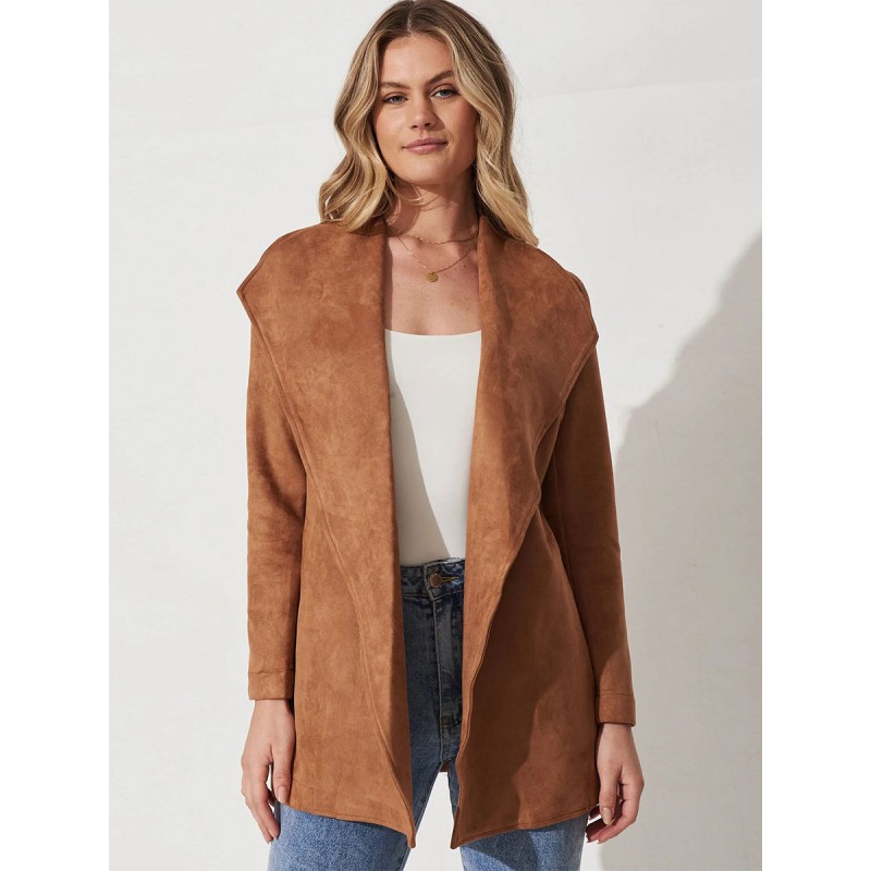 Long Blazer Jacket For Women Coffee Brown Suede Solid Color Large Lapel Spring Fall Relaxed Outerwear With Belt Casual