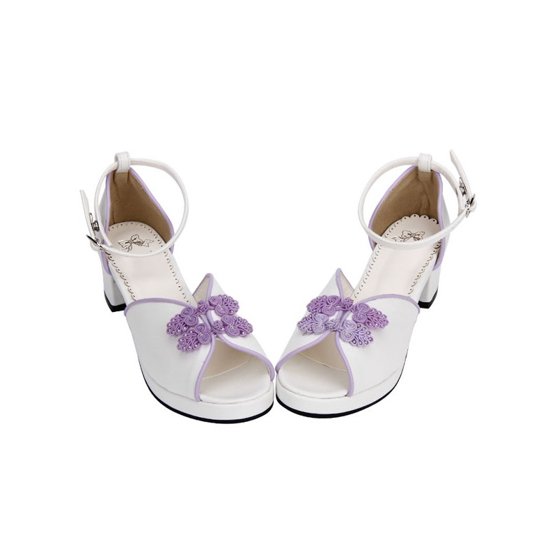 Sweet Lolita Shoes Chinese Style White Peep Toe Ankle Strap Heeled Lolita Sandals