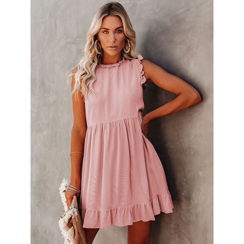 Dresses Jewel Neck Sleeveless Casual Ruffles Oversized Pastel Pink Tunic Dress Shift Street Wear Indoor Field
