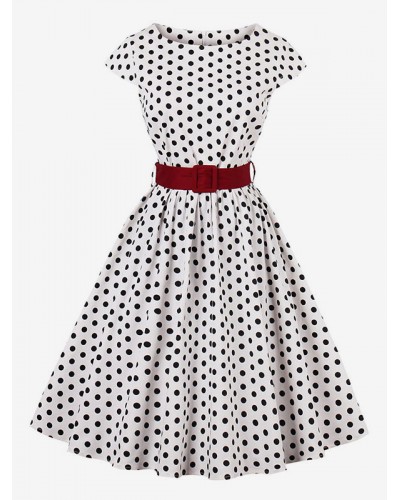 Women Vintage Dress Plus Size Polka Dot Cap Sleeve Cotton White Swing Dress With Belt Night Out Party