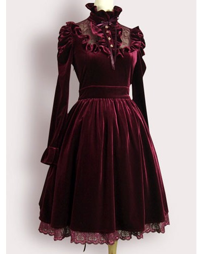 Burgundy Lolita Dress Ruffles Velvet Dress Gothic Winter Tea Party