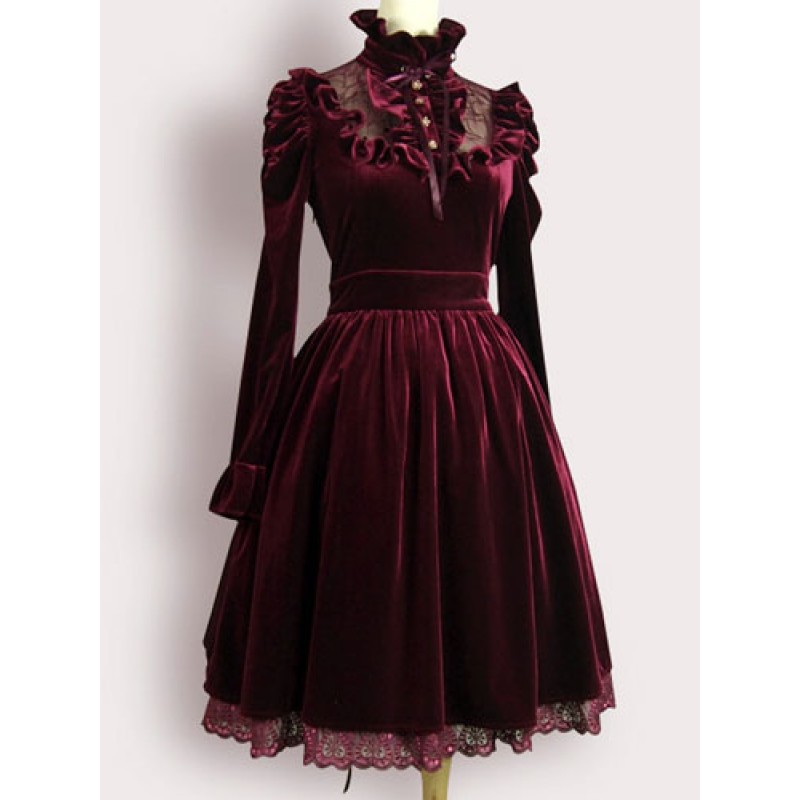 Burgundy Lolita Dress Ruffles Velvet Dress Gothic Winter Tea Party