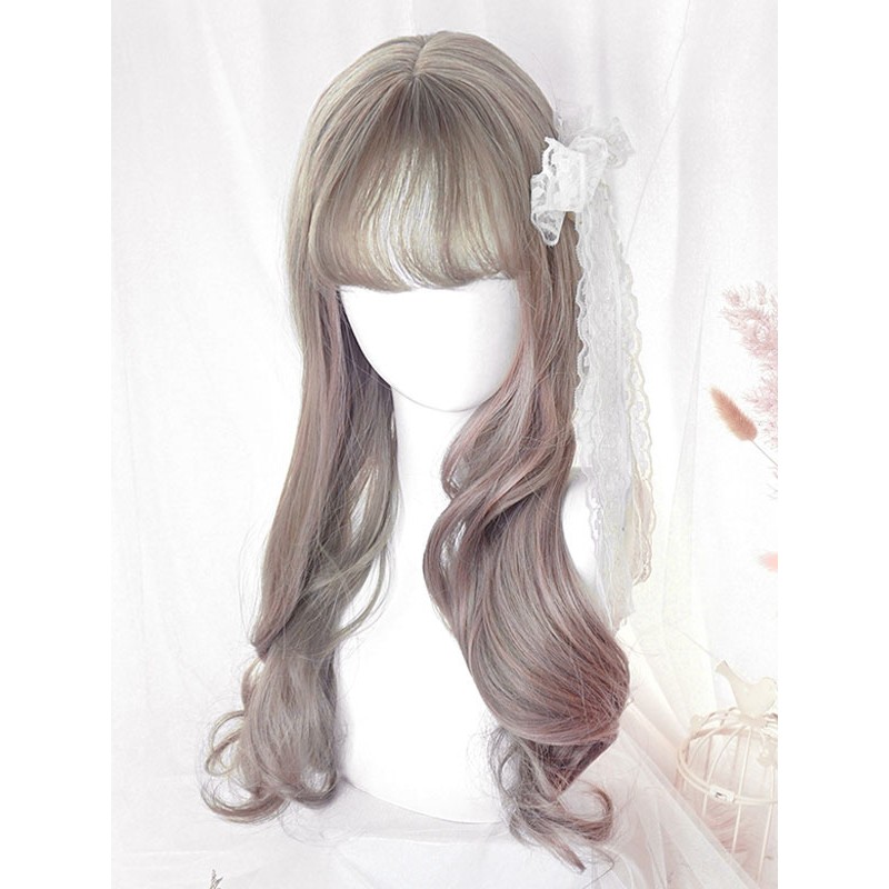 Lolita Long Wig Highlighting Light Gray Blunt Bang Lolita Hair Wigs Daily Casual