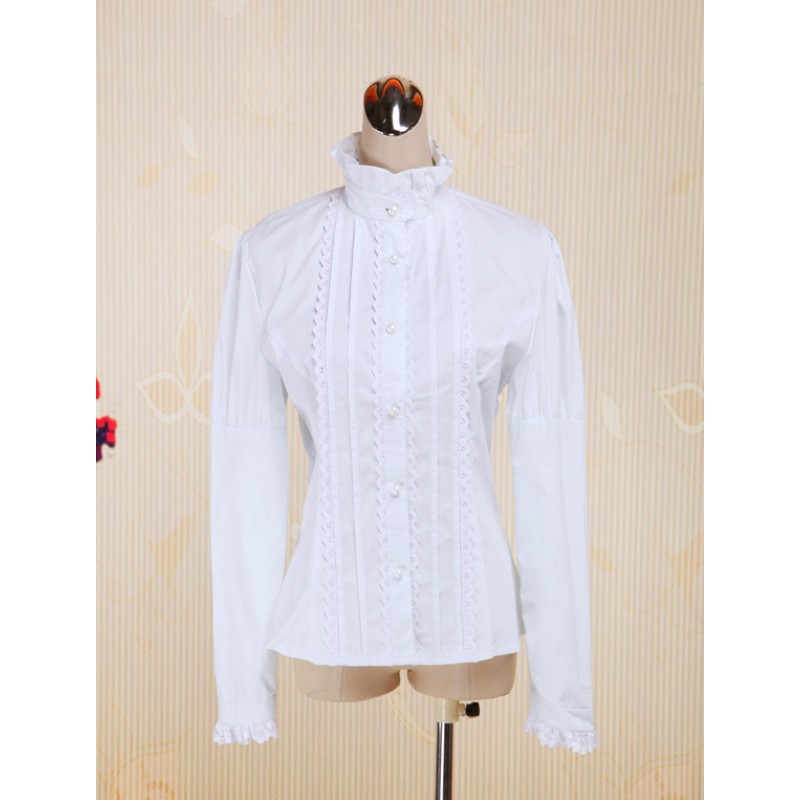 White Cotton Lolita Blouse Long Sleeves Stand Collar Lace Trim Ruffles
