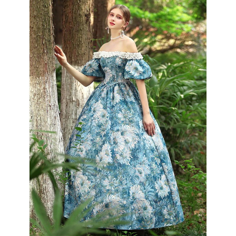 Women Light Sky Blue Costumes 's Floral Print Polyester Dress Marie Antoinette Costume 18th Century Costume Royal Retro Gothic Euro-Style