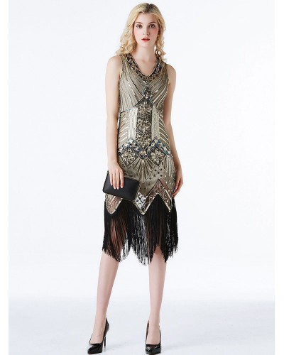Black Golden Flapper Dresses 1920s Fashion Style Great Gatsby Costume Women's Sequined V Neck Fringe Vintage 20s Party Outfits Dress Ball