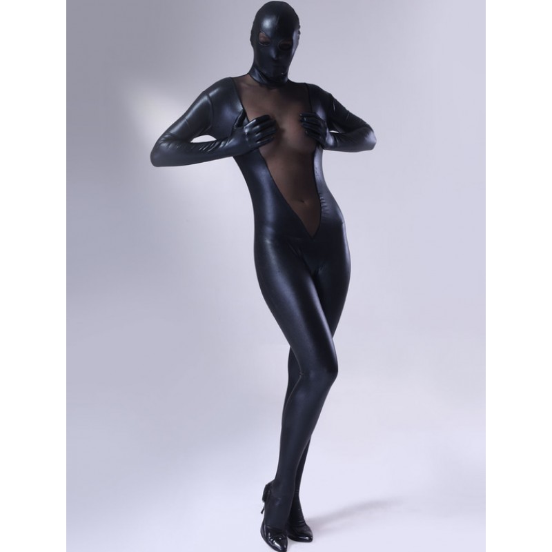 Morph Suit Sexy Black Shiny Metallic Catsuit Women's Full Body Suit Bodysuit