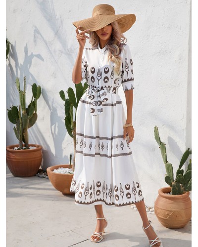 Women Midi Dresses Jewel Neck Buttons Half Sleeves Printed Dress Shirt Summer