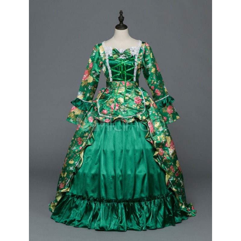 Women Retro Costume Rococo Dress Victoria Ball Gowns Royal Long Sleeve Green Vintage Halloween Costume Dresses Sets ROCOCO