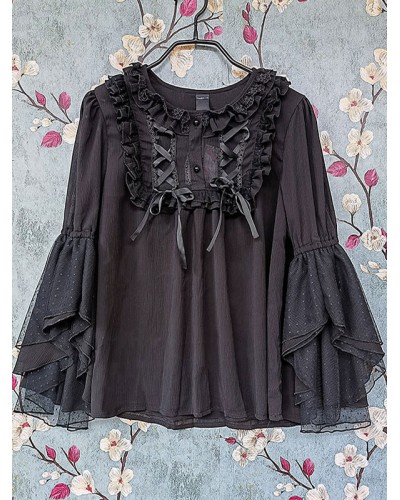 Classic Lolita Blouses Infanta Fairytale Black Lolita Top 3/4 Length Sleeves Lace Pleated Lolita Shirt Sweet Classic  Traditional