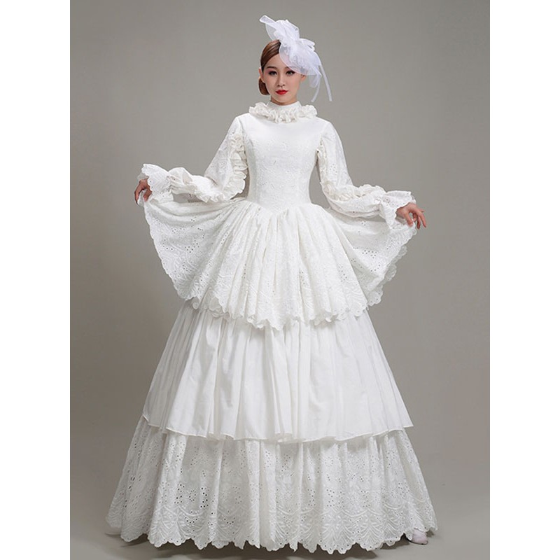 Women White Retro Costumes Ruffles Polyester Dress Marie Antoinette Costume 's Party Prom Dress Tunic Vintage Euro-Style