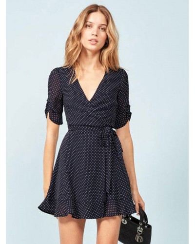 Mini Dresses Dark Navy Polka Dot Short Sleeves Short Dress Bodycon Daily Casual
