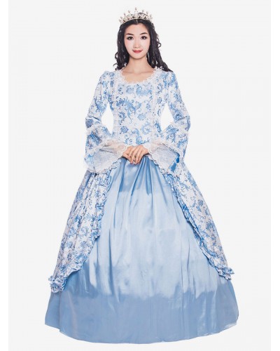 Women Victorian Dress Costume 's Baby Blue Ruffle Bows Long Sleeves Round Neckline Victorian Era Style Vintage Clothing Halloween Sets Victorian Era