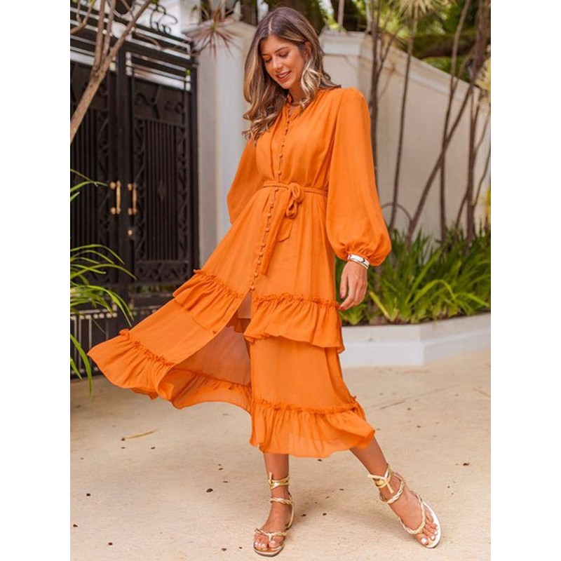 Women Midi Dress V-Neck Buttons Orange Long Beach Dress Casual Street Wear Daily Casual Resort Wear