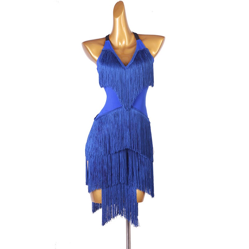 Women Latin Dance Costume Blue 's Polyester Dress Backless Fringe Latin Dancer Dancing Wear Bodycon Sexy