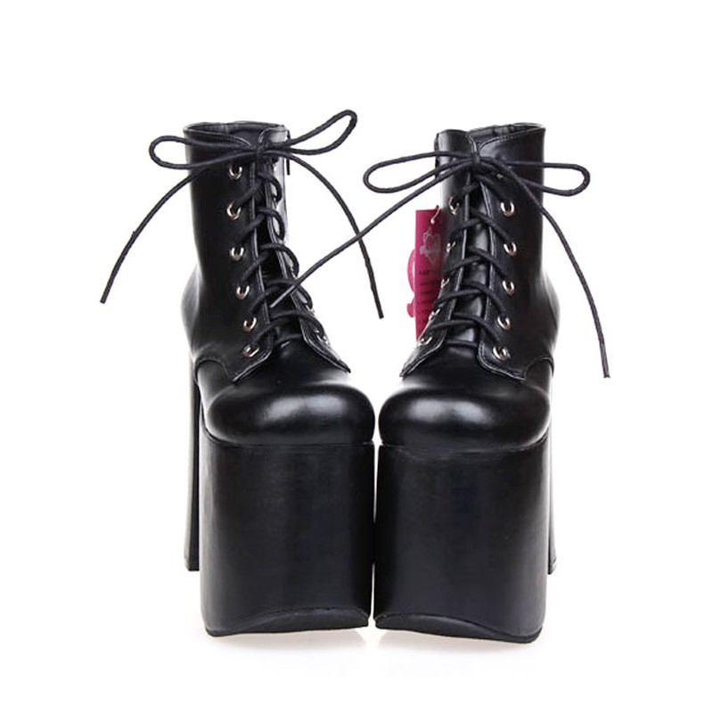 Black Lolita Booties Chunky Heel Platform Round Toe Lace Up Lolita Short Boots