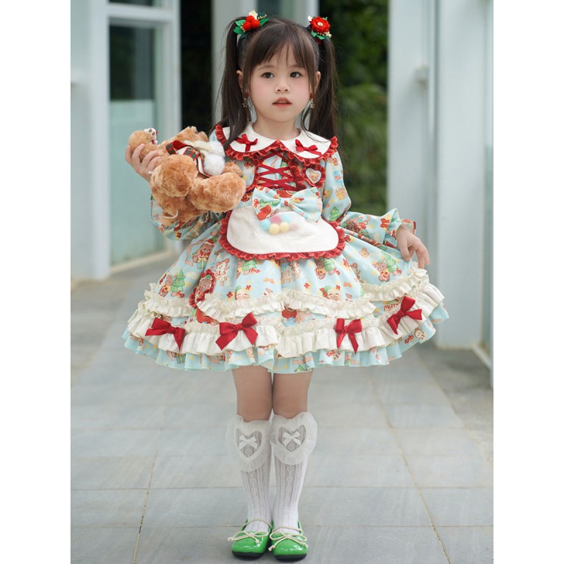 Polyester Tea Party Ruffles Long Sleeves Polyester Fall Dress Floral Print Style Light Sky Blue Kids' Lolita Dresses Sweet ROCOCO