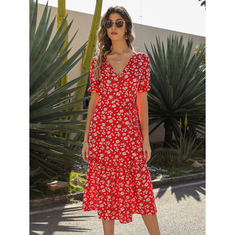 Women Boho Dress Lace Up V-Neck Short Sleeves Printed Beach Dress Maxi Summer