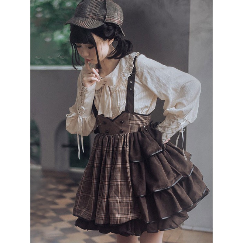 Lolita SK Ruffles Deep Brown Plaid Lolita Skirts Steampunk Gothic Spring Summer Fall