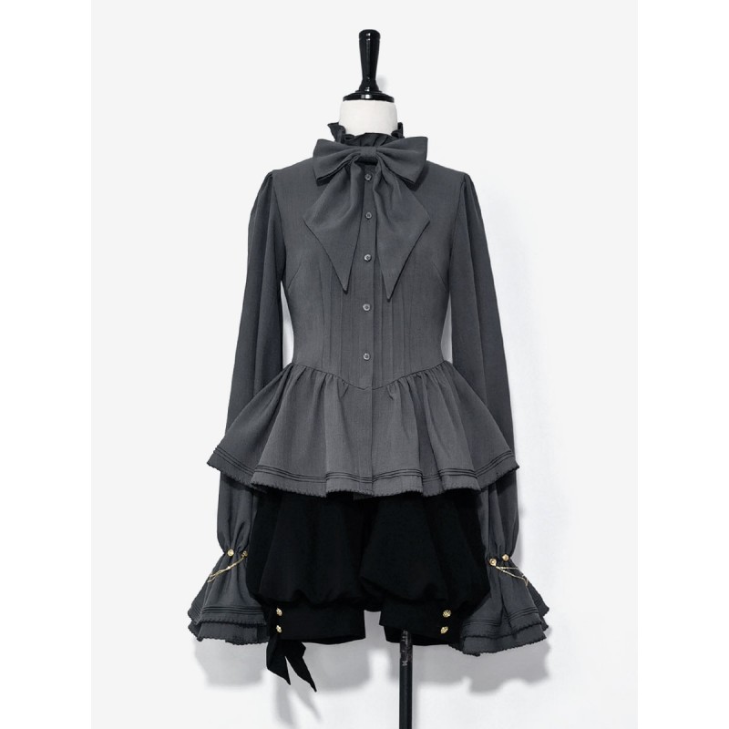 【Pre-sell】 Lolita Ouji Fashion Gray Long Sleeves Shirt With Ruffle Neckline Blouses Gothic Daily Casual Tea Party