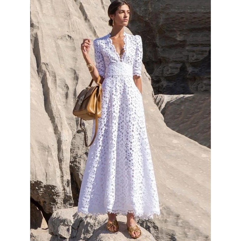 Women V-Neck Dress Half Sleeves Casual Floor Length Dress Maxi Spring Summer