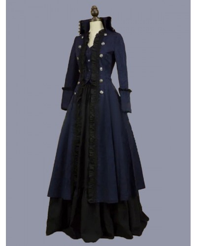 Women Dark Navy Costumes 's Ruffles Polyester Dress Marie Antoinette Costume Party Prom Dress Tunic Retro