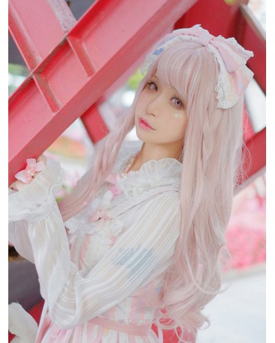Pink Lolita Long Curly Blunt Bangs Kawaii Synthetic Hair Wigs Harajuku Fashion