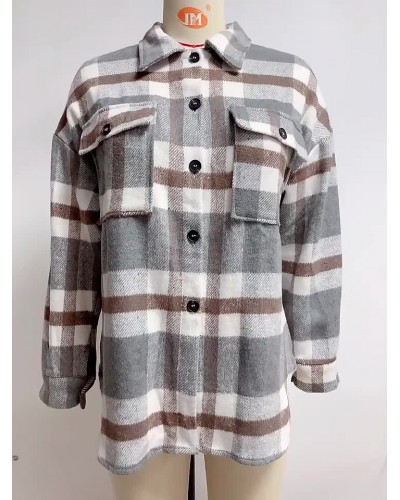 Women Shacket Khaki Turndown Collar Button Plaid Overshirt Jacket Relaxed Fit Spring Fall Outerwear Casual Street Wear Field