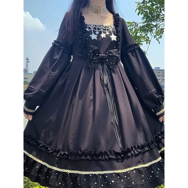 Gothic Lolita Dresses Bows Ruffles Stars Print Black