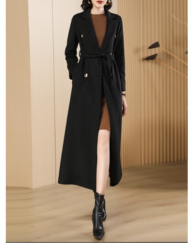 Woman's Wool Coats Belted Black Maxi Outerwear 2023 Classic  Traditional Casual