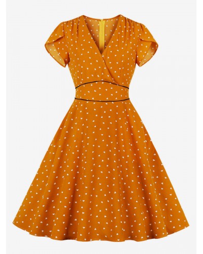Women Dress 1950s Audrey Hepburn Style Orange Layered Printed Short Sleeves V-Neck Swing Dress Vintage Daily Casual