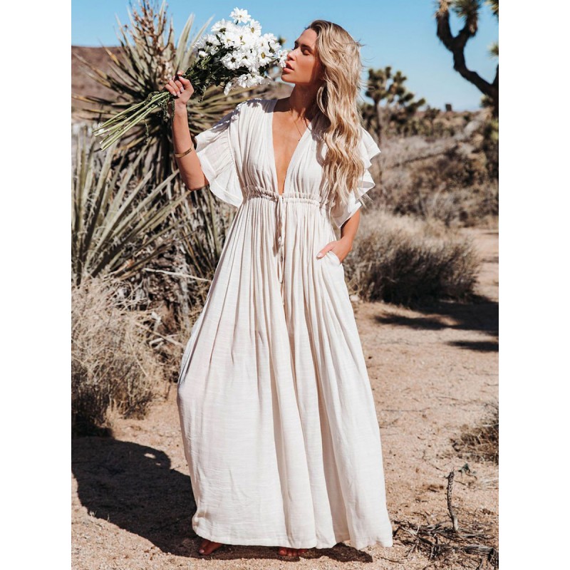 For Women Apricot Buttons V-Neck Short Sleeves Layered Summer Bathing Suits Cover Ups Beach Resort Wear