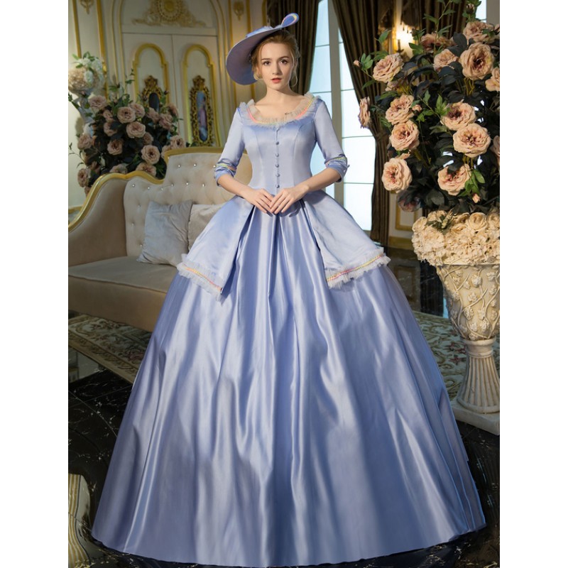 Victorian Dress Costume Blue Half Sleeves Squared Neckline Tunic Pleated Ball Gown Victorian Era Clothing Costumes Dress Baroque Halloween Holiday Pageant